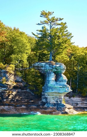 National Park Pictured Rocks with tall tree atop cliff and sea green waters