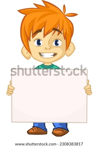 Cute cartoon boy kid holding blank paper. Vector ilustration
