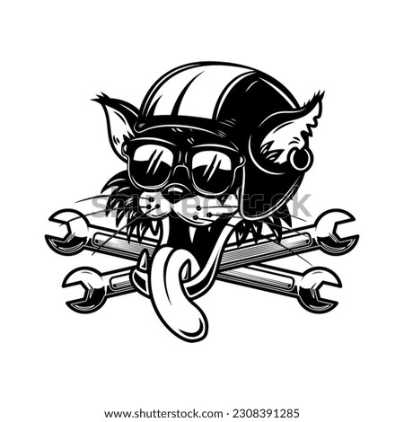 Illustration of the cat biker with crossed wrenches. Design element for logo, label, sign, emblem. Vector illustration