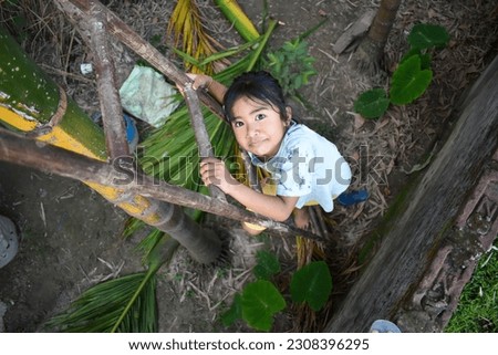 Asain little girl climbing up on a ladder 
