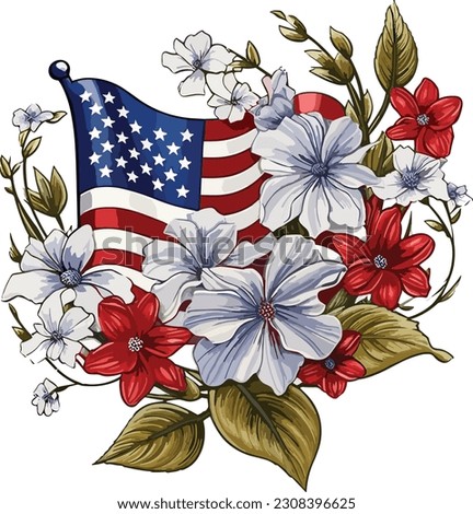 A floral American ,Floral American flag isolated on a white background