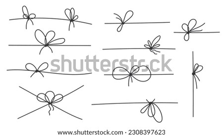 Line bows knots on ribbon for gift decoration. String with rope knots in doodle style, simple thin line wedding elements isolated on white background. Royalty-Free Stock Photo #2308397623