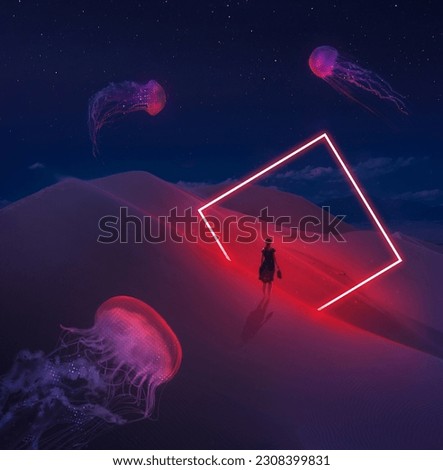 Surreal Modern futuristic neon abstract background. Large square rectangle glowing red object in the center of sand dune and lonely woman silhouette with shoes in hand in desert and three Jellyfish Royalty-Free Stock Photo #2308399831