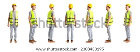 Set of male worker in vest and hardhat on white background Royalty-Free Stock Photo #2308433195