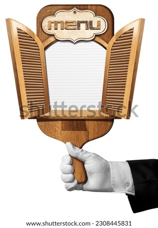 Hand of waiter or chef with white work glove holding an old wooden cutting board with an open window with copy space. Isolated on white background, template for recipes or food and drink menu.