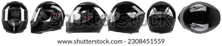 set collection of black motorcycle carbon integral crash helmet isolated in various angles on white background. motorsport car kart racing transportation safety concept Royalty-Free Stock Photo #2308451559