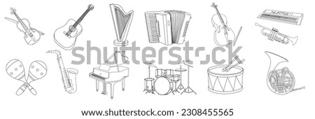 Big collection of doodle musical instruments. Violin, acoustic guitar, harp, accordion, cello, synthesizer, trumpet, maracas, saxophone, piano, drum set, drum, French horn. Vector illustration. Royalty-Free Stock Photo #2308455565