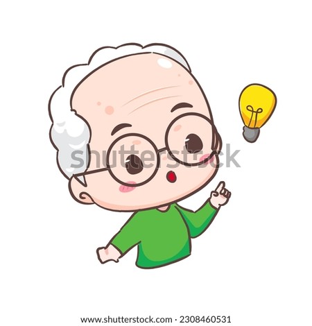 Cute Grandpa thinking of idea with light bulb sign cartoon character. People expression concept design. Isolated background. Vector art illustration.