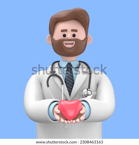 3D illustration of Male Doctor Iverson holding a red heart at hospital office. Medical health care and doctor staff service concept.Medical presentation clip art isolated on blue background
