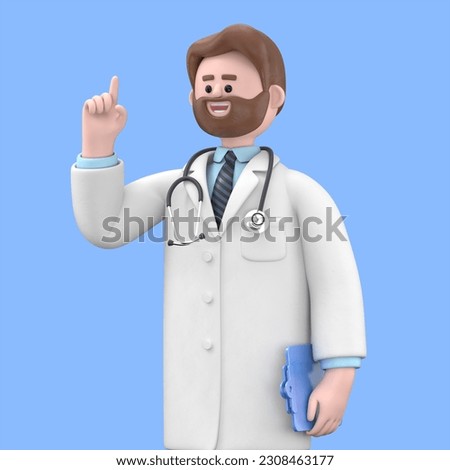3D illustration of Male Doctor Iverson with stethoscope and clipboard, looks at camera and gives advice. Clip art isolated on blue background. Professional consultation and recommendation
