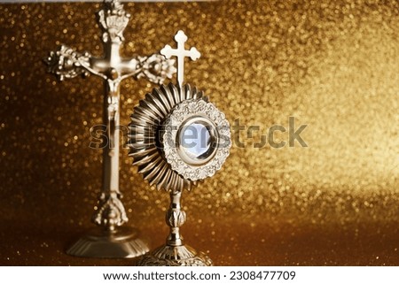 Ostensory for worship for Catholic church ceremony. Corpus christi. Royalty-Free Stock Photo #2308477709