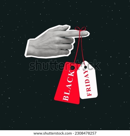 Contemporary art collage with hand holding sale price tags. Black Friday, big sales, buying products. Concept of shopping. Modern design. Copy space for ad.