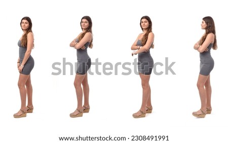 various poses of side view of a group of same young girl standing on white background