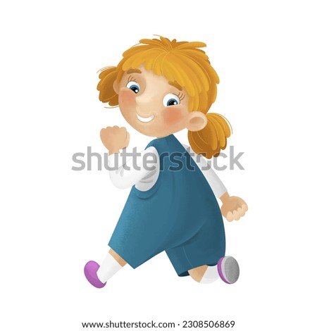 cartoon scene with young girl having fun playing leisure free time walking running isolated illustration for children