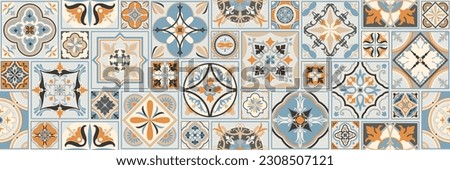 Set of patterned azulejo floor tiles. Abstract geometric background. Vector illustration, seamless mediterranean pattern. Portuguese floor tiles azulejo design. Floor cement talavera tiles collection Royalty-Free Stock Photo #2308507121