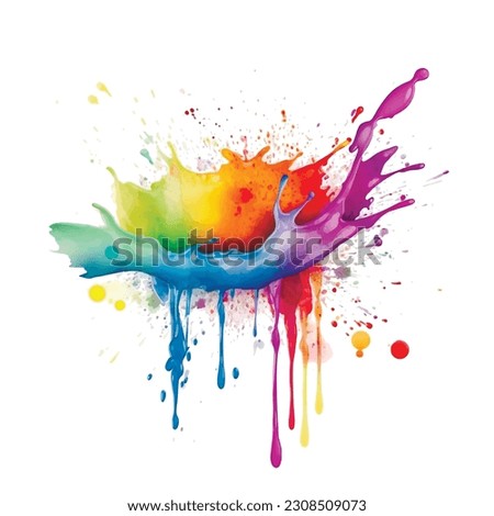 Flowing colorful watercolor fluid blot splash splatter stain brush strokes liquid on white background. Aquarelle spot. Rainbow colors isolated design on white. Element. Vector watercolor illustration.