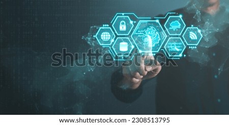 Digital information technology concept. Businessman and artificial intelligence icon on the screen. Chatbot and AI concept.