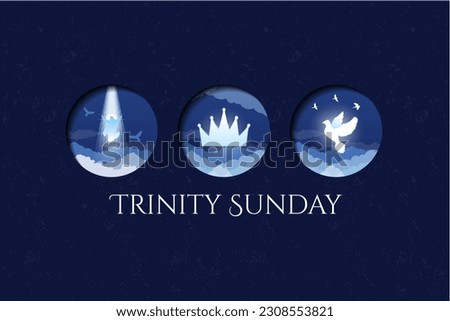 Trinity Sunday Design. Religious trinity, crown, Jesus, holy spirit, dove. Blue and white. Observed on the first Sunday after Pentecost. Three religious icons. Vector Illustration. EPS 10. Royalty-Free Stock Photo #2308553821