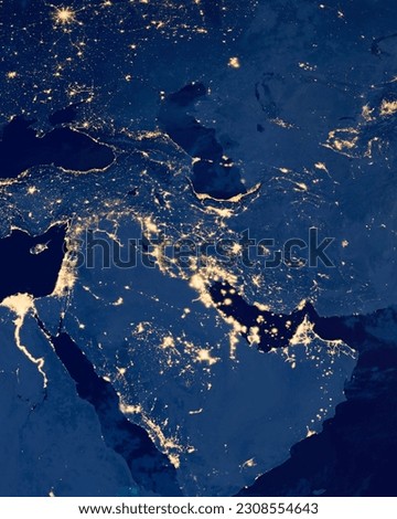 Earth photo at night, City Lights of Europe, Middle East, Saudi Arabia. Earth map from space. Satellite photo. Elements of this image furnished by NASA.