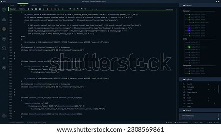 Developer Software Code Mock-up with Generic Programming Language. Dark Interface With Multiple Prompts On Monitor. Night Mode Template for Desktop Computer Displays and Laptop Screens.