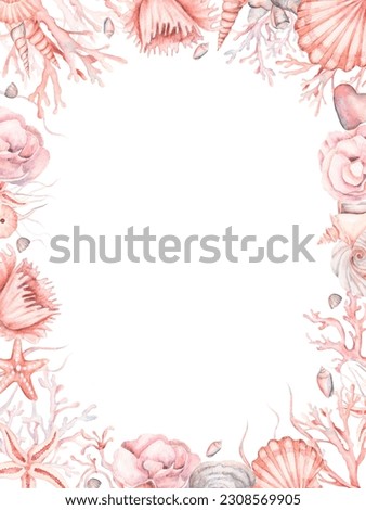 Copy space frame of pink seashells and corals. Sea shells watercolor hand drawn illustration set isolated on white background for banner, poster, print, postcard, textile, template, card, invitation