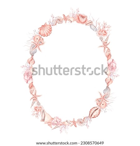 Oval frame of pink seashells and corals. Sea shells watercolor hand drawn illustration set isolated on white background for banner, poster, print, postcard, textile, template, card, invitation