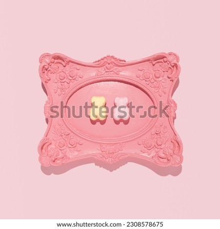 Two gummy bears, minimal cute romantic love concept, candy pink background. 