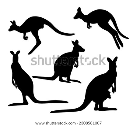 Collection silhouettes kangaroo. Vector illustration. Isolated hand drawings Australian animal on white background for design