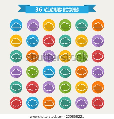 Big vector set of thirty-six white cloud  shapes on a color circle in flat style and shadow, cloud icons for web and app, for cloud computing and so on