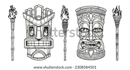 Tiki masks monochrome set logotype ancient sculptures in form heads gods with flames and torches to illuminate room vector illustration