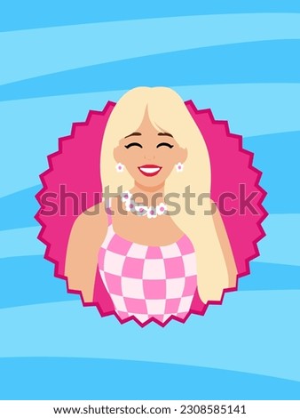 Pretty doll with white hair in pink frame. Movie poster trendy barbiecore aesthetic Royalty-Free Stock Photo #2308585141