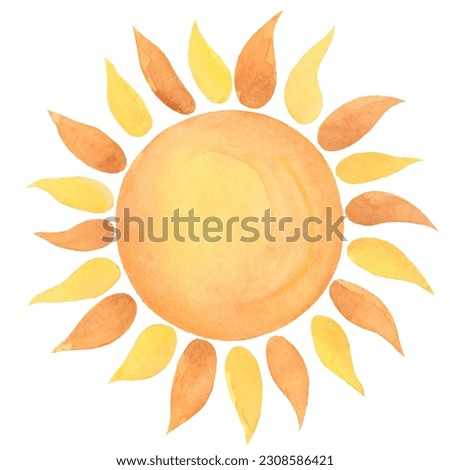 Sun Watercolor with flaming rays on isolated background