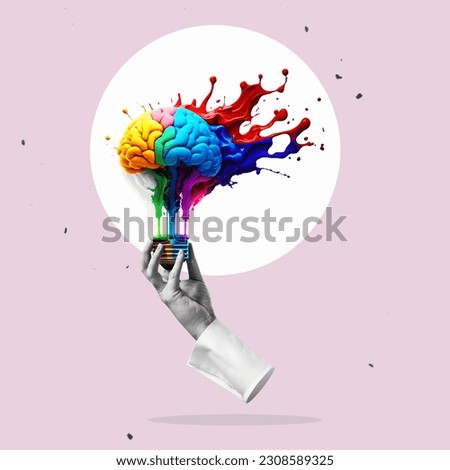 A man with a laptop is sitting on light bulb with human brain. Creativity and new ideas in business. Art collage.