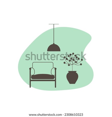 Living room interior with armchair, lamp and flower in pot. Flat vector icon. Interior icon