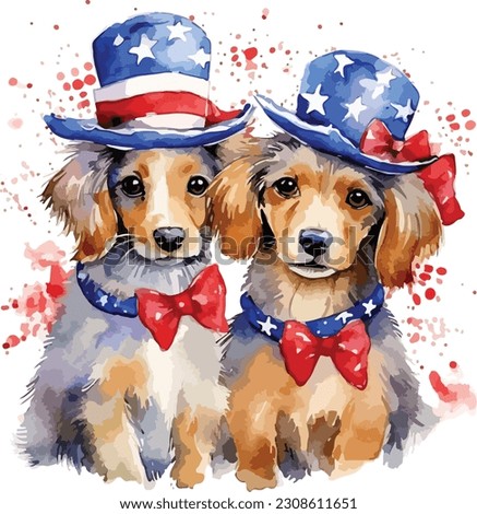 USA Flag Dog Cupple Watercolor, watercolor Dog Cupple , 4th July Dog  Royalty-Free Stock Photo #2308611651
