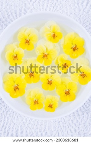 Arrangement of yellow pansy blossoms swimming in bowl