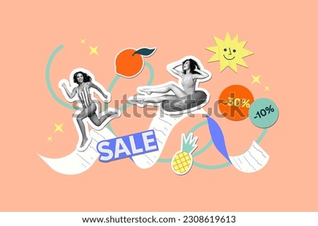 Creative image template collage of tourist people ladies enjoy crazy summer season sales buying long payment check spend