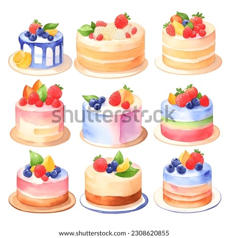 Set of nine detailed Sticker of Watercolor cute cake with fruits watercolor set graphic clipart design, cute, isometric style, sticker, white background