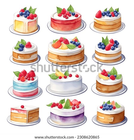 Set of detailed Sticker of Watercolor cute cake with fruits watercolor set graphic clipart design, cute, isometric style, sticker, white background