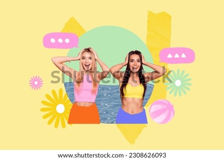 Painting yellow colorful magazine collage template of two friends lady amazed season travel ads announce with mind clouds