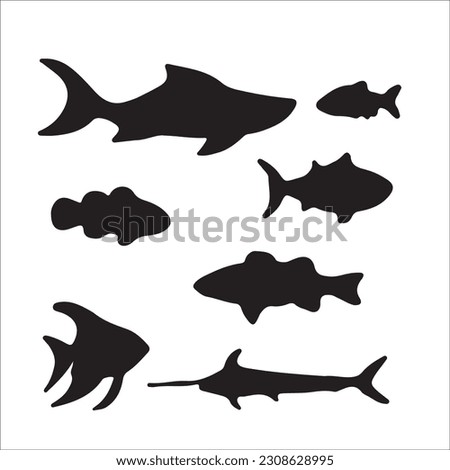 Editable illustration vector of different kinds of Fish, fishing, black image Silhouette 