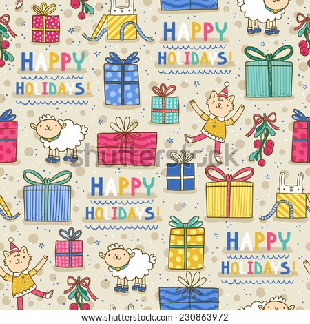 Happy holidays fun vector seamless pattern on beige background with cute cartoon characters, lettering and presents