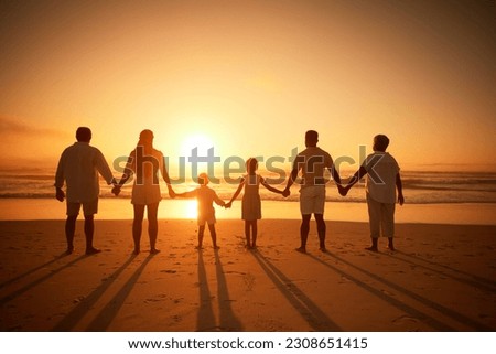Family, holding hands beach at sunset and solidarity, grandparents travel with parents and kids with orange sky. Back, generations and men, women and children outdoor with silhouette and vacation
