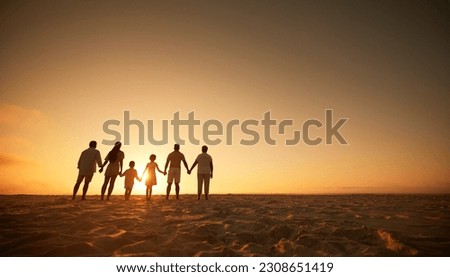 Family, holding hands beach at sunset and generations, grandparents travel with parents and kids with orange sky. Back, unity and men, women and children, silhouette and vacation with mockup space