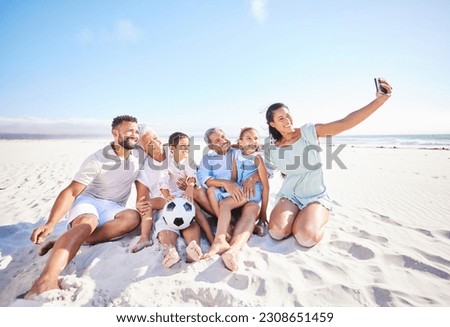 Family relax on beach sand, selfie and generations, tropical vacation in Mexico with travel and trust outdoor. Grandparents, parents and kids, happy people on adventure and tourism, smile in picture