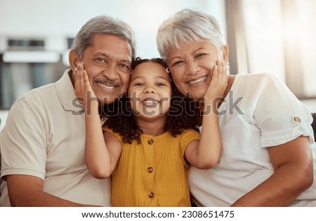 Girl child, grandparents and portrait on sofa with smile, happiness or bond with love in family home. Elderly man, senior woman and young female kid with hand, face or care on lounge couch on holiday Royalty-Free Stock Photo #2308651475