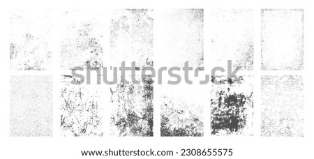 Grunge overlay textures with dust grain isolated on white background. Set of vector paint brush stroke, ink splash and grungy decoration elements for social media. Distressed vintage banner frame.