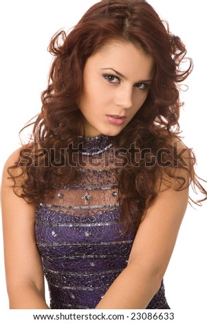 beautiful woman in blue dress on white background