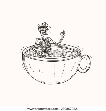 Vector hand drawn illustration of a pirate in a cup of coffee in sketch style
