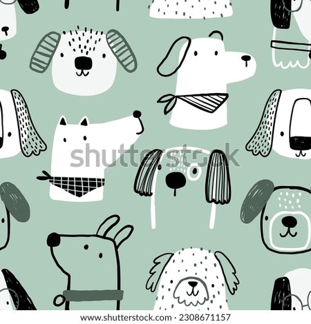 Vector hand-drawn color seamless repeating childish simple pattern with cute dogs, bones in Scandinavian style on a mint background. Children's texture with dogs. Dogs print. Pets. Royalty-Free Stock Photo #2308671157